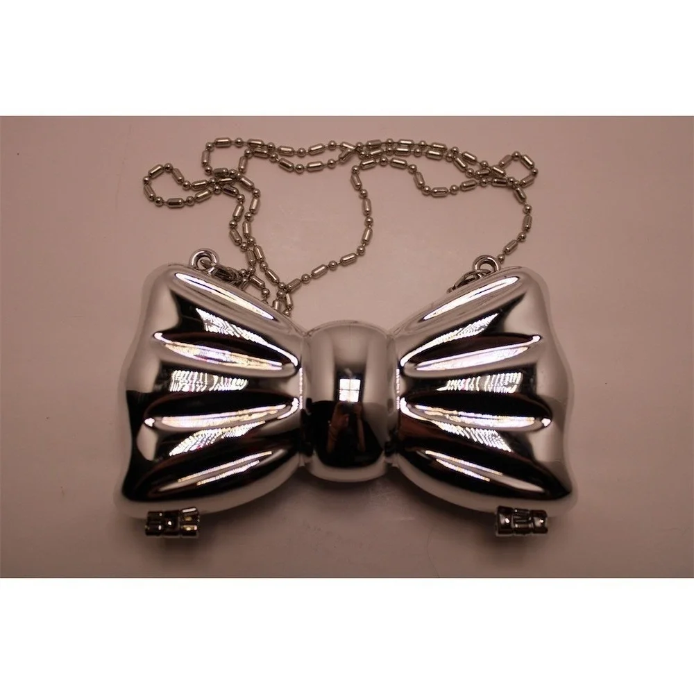 SHEIN‎ Clutch Purse Womens Mini Metallic Silver Bow Evening Bag w/ Chain